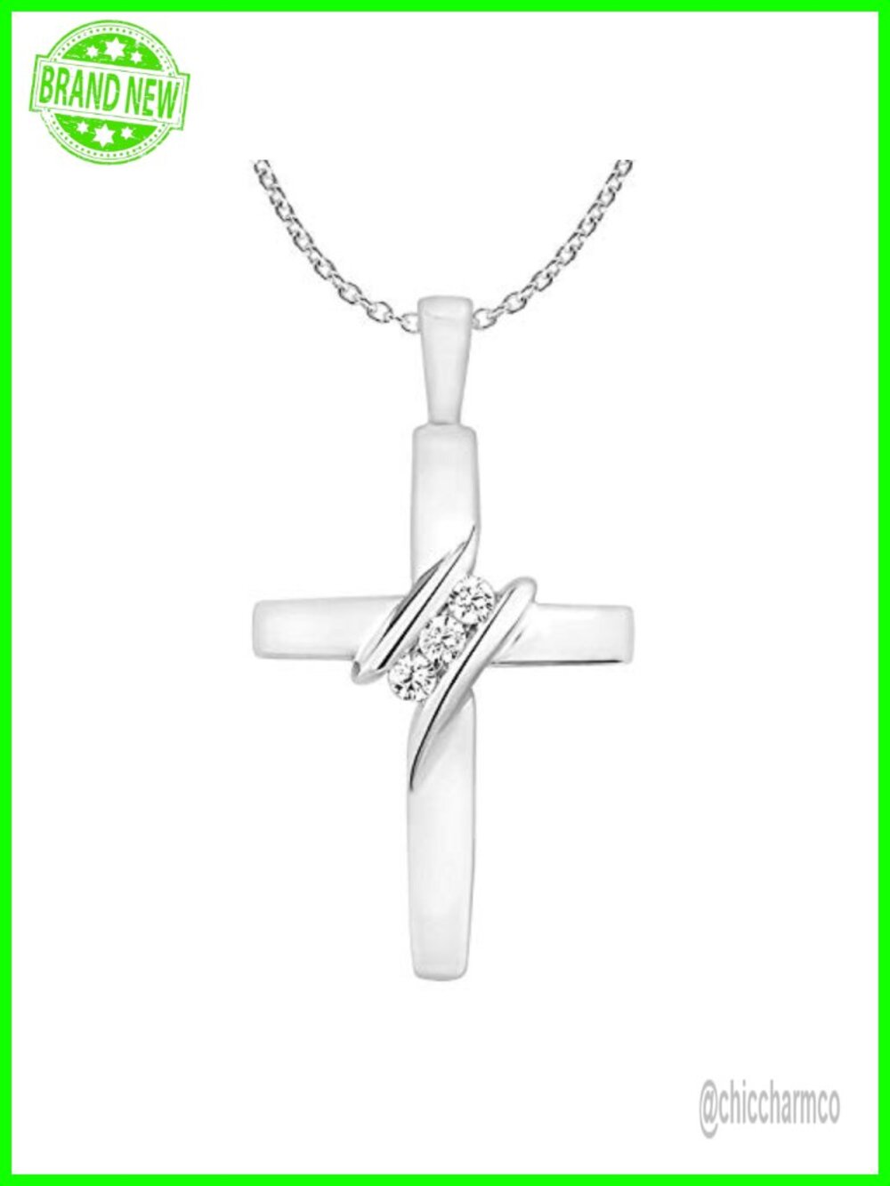 10K Solid White Gold Diamond Cross Necklace Pendant 18 Inch Chain